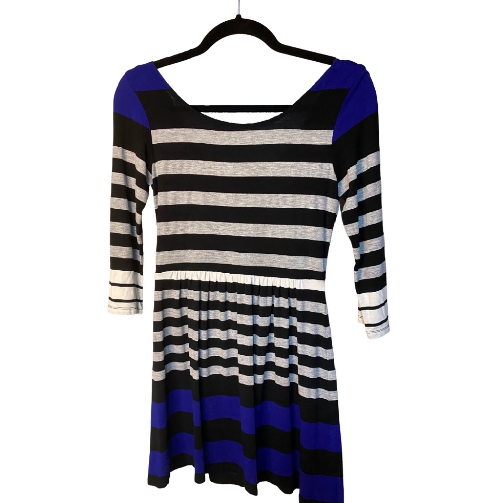 Grey White Blue Black Striped Skater Dress